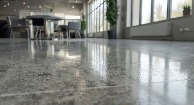 Interior site prepared with smooth cement screed flooring and ambient natural light from large window installations