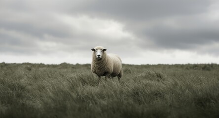 Fototapeta premium A lone sheep on a grassy plain beneath a dense cloud filled sky with room for text