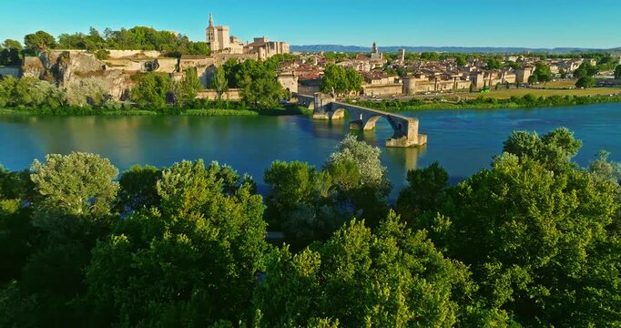 Aerial view of french town of Avignon on Rhone river in Provence with medieval architecture in the south of France. Bridge Avignon and Palace