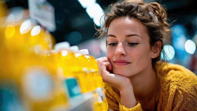 Woman reading medicine bottle label in pharmacy aisle while shopping for medication or supplements