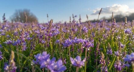 Full length portrait of purple meadow flowers sparkling with crystal clear dew on a peaceful spring day