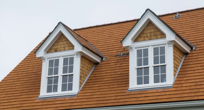 Classic Dutch attic gable with textured tan shingles and shake siding plus double hung windows in white frames