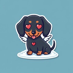 Fototapeta premium A black dachshund with red wings and a heart on snowy ground heart eyes emoji love icon cartoon emotion heart emoticon illustration smile face happy symbol
