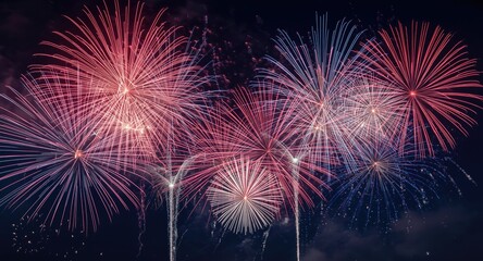 Naklejka premium Colorful greeting card panorama design featuring festive fireworks in patriotic colors