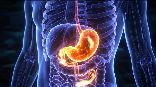 Human torso shows stomach connected to esophagus and intestines in medical visualization. Concept of digestion and medical education.