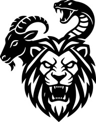 Fototapeta premium Chimera mythical creature with lion head, goat head, and snake head. Greek mythology concept for tattoo, emblem, logo. Vector illustration