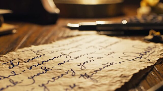 Close-up of a hand writing a letter with a fountain pen on aged paper.