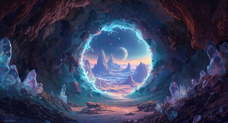 Fototapeta premium Cosmic illustration of a glowing crystal tunnel providing access to alien terrain