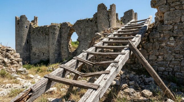 Broken Wooden Siege Ladder Against Castle Ruins