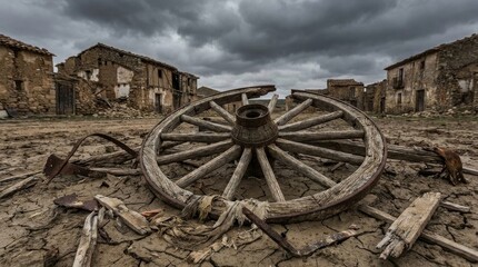 Broken Wooden Wagon Wheel in Abandoned Village