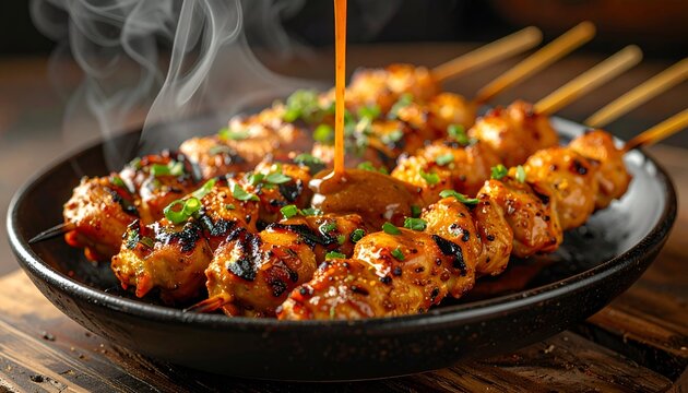Grilled Chicken Satay Sate Ayam with Sauce Pouring