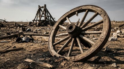 Obraz premium Broken Wooden Wheel in Ancient Ruin Landscape