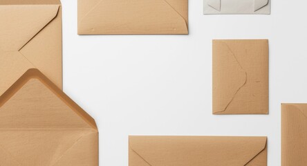Flat lay of blank kraft envelopes and a square postcard on white background for greeting card mockups
