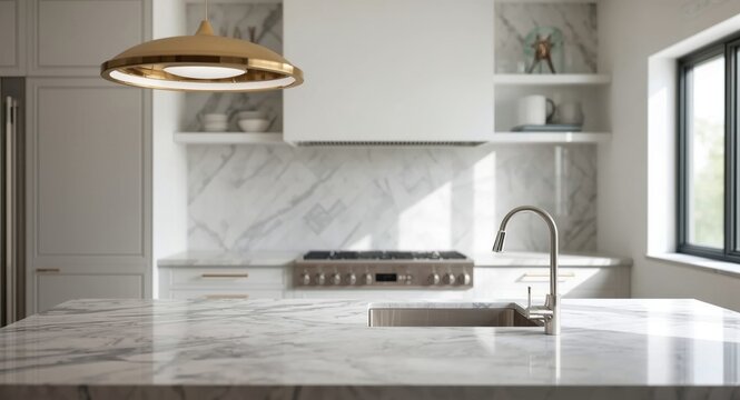 Kitchen design featuring gold hanging light, marble herringbone backsplash, and stainless steel sink