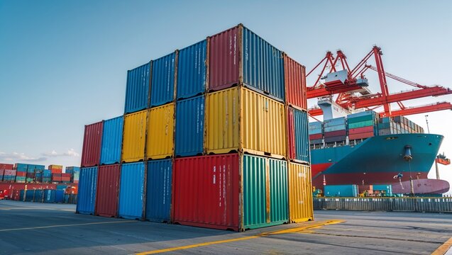 container stacks at port with cargo ship and cranes