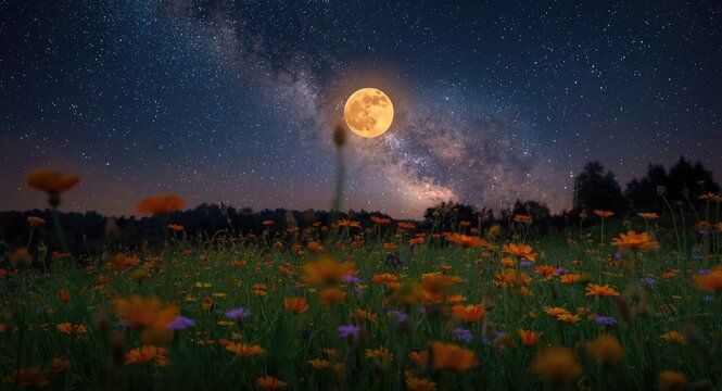 A glowing full moon illuminates vibrant autumn wildflowers under a star filled galaxy sky