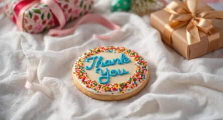 Naklejka premium Artistic thank you text on sugar cookie with joyful food and present decor