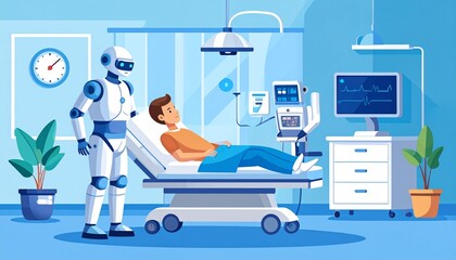 Fototapeta premium Robot Assistant in Hospital Room with Patient Illustration.