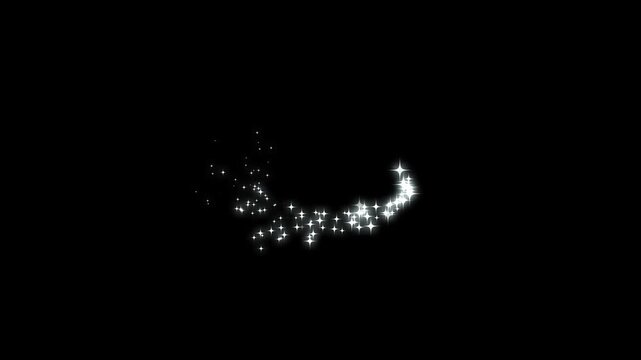 White glowing twinkle stars animation with sparkling glitter star dust trail, retro vector star doodles, magic particle burst and shiny sparkle overlay animation on black screen background 4k