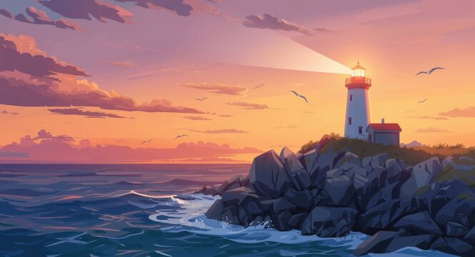 Cartoon seaside lighthouse shining near rocky shore with sunset ambiance