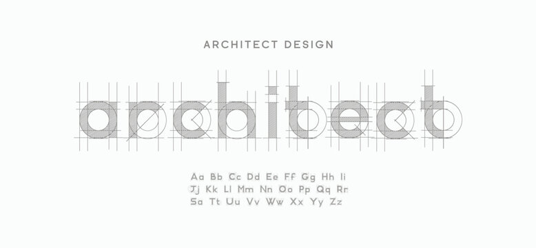 Architect project font, technical draw style alphabet. Geometrical typography. Wireframe letters, typographic design with draft strokes for architecture logo and headline. Isolated vector typeset

