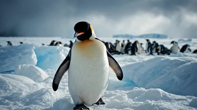 A king penguin standing on snowy terrain with a colony of penguins in the background under a cloudy sky.