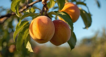 Close up view of ripe peaches hanging from tree branches on a sunny day