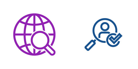 Two png icons representing a magnifying glass over a globe and a user profile with a checkmark isolated on transparent background