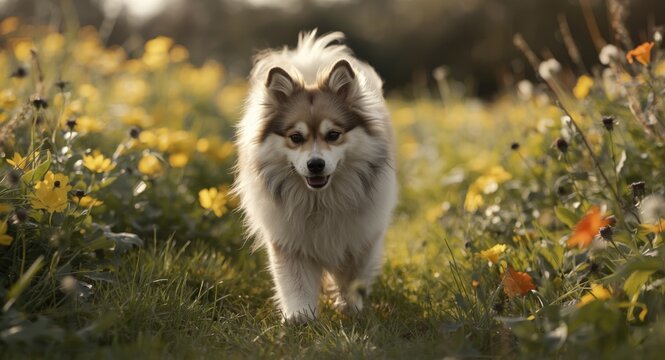 Energetic Pomsky crossbreed dog exploring lush lawn on sunny summer afternoon full length shot