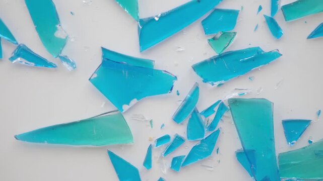 Shiny blue and green pieces of broken glass in motion, creating an abstract and dynamic visual composition