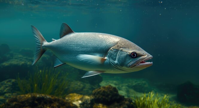 Fast swimming Payara fish in clear freshwater with copy space for text