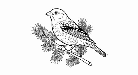 Fototapeta premium Detailed line drawing of a small bird perched on a pine branch with cones