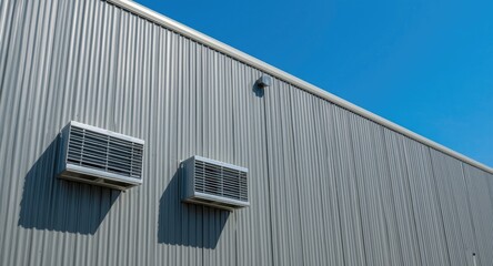 Fototapeta premium Industrial warehouse exterior featuring aluminum ventilation louvers on a steel wall with clear blue sky and copy space
