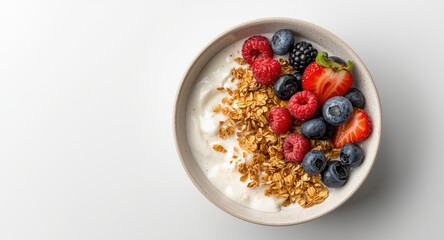 Healthy breakfast bowl with creamy yogurt crunchy granola and fresh mixed berry fruit salad copy space background