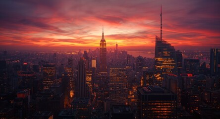 Naklejka premium Illuminated neon city skyline glowing vibrantly against a sunset sky
