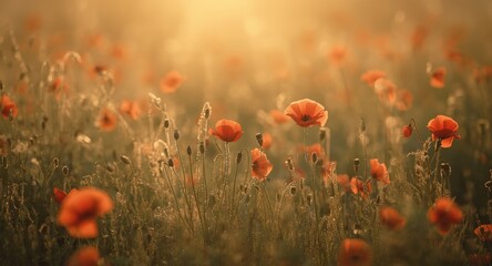 Fototapeta premium Impressionist artwork illustrating a blooming meadow filled with vivid red poppies and gentle light