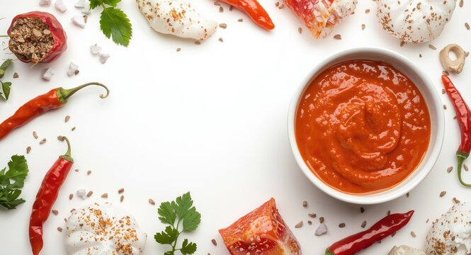 Flat lay of spicy red adjika sauce bowl with copy space on white backdrop