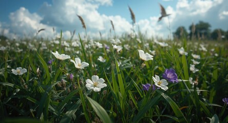 Fototapeta premium Lush white and purple flowers thriving on thick green grass beneath a sunny blue sky