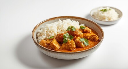Delicious chicken curry served with steamed rice on a clean white background