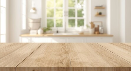 Bleached light wood table surface contrasted by a softly blurred background of a summer kitchen window