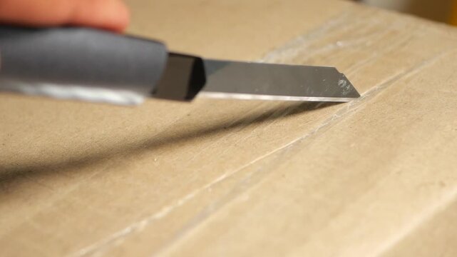 Close up of utility knife blade cutting through transparent adhesive tape on cardboard shipping box