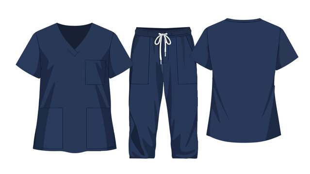 Professional navy blue medical scrub uniform set featuring a comfortable v-neck top with useful utility pockets and coordinating drawstring pants