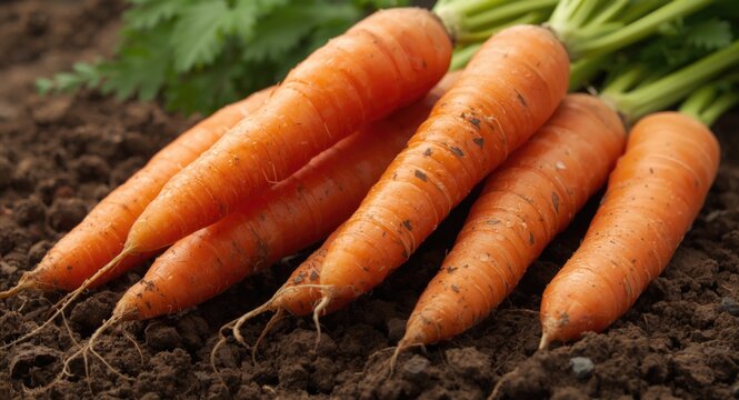 Close visual of raw carrots extracted from soil featuring organic growth and vegetable naturalness