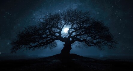 Fototapeta premium dark tree shape highlighted against a luminous moon and cosmic glow