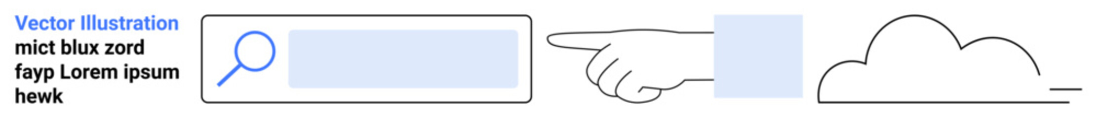 Web design, search interface, cloud computing, navigation, online tools, simplicity. Search bar, pointing hand cloud and square in minimalist design. Web design and search interface concept