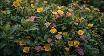 Fototapeta premium A vibrant flowering zone covered in lush green foliage and bright blossoms