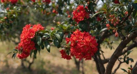 Obraz premium Lush red flower bunches blooming on a mature pomegranate shrub