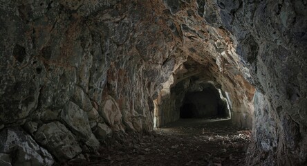 Abandoned mineral tunnel showcasing copy space for text and rock surface details