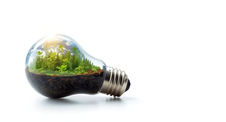 Environmental innovation depicted by a light bulb containing Earth and green shoots on clean white background