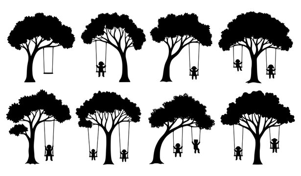 Black tree silhouettes with swings vector nostalgic children artwork
